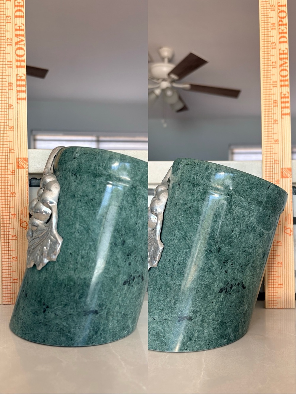 Vintage Angled Solid Green Marble & Pewter Wine Chiller | Grape Harvest Cooler - Picture 10 of 11